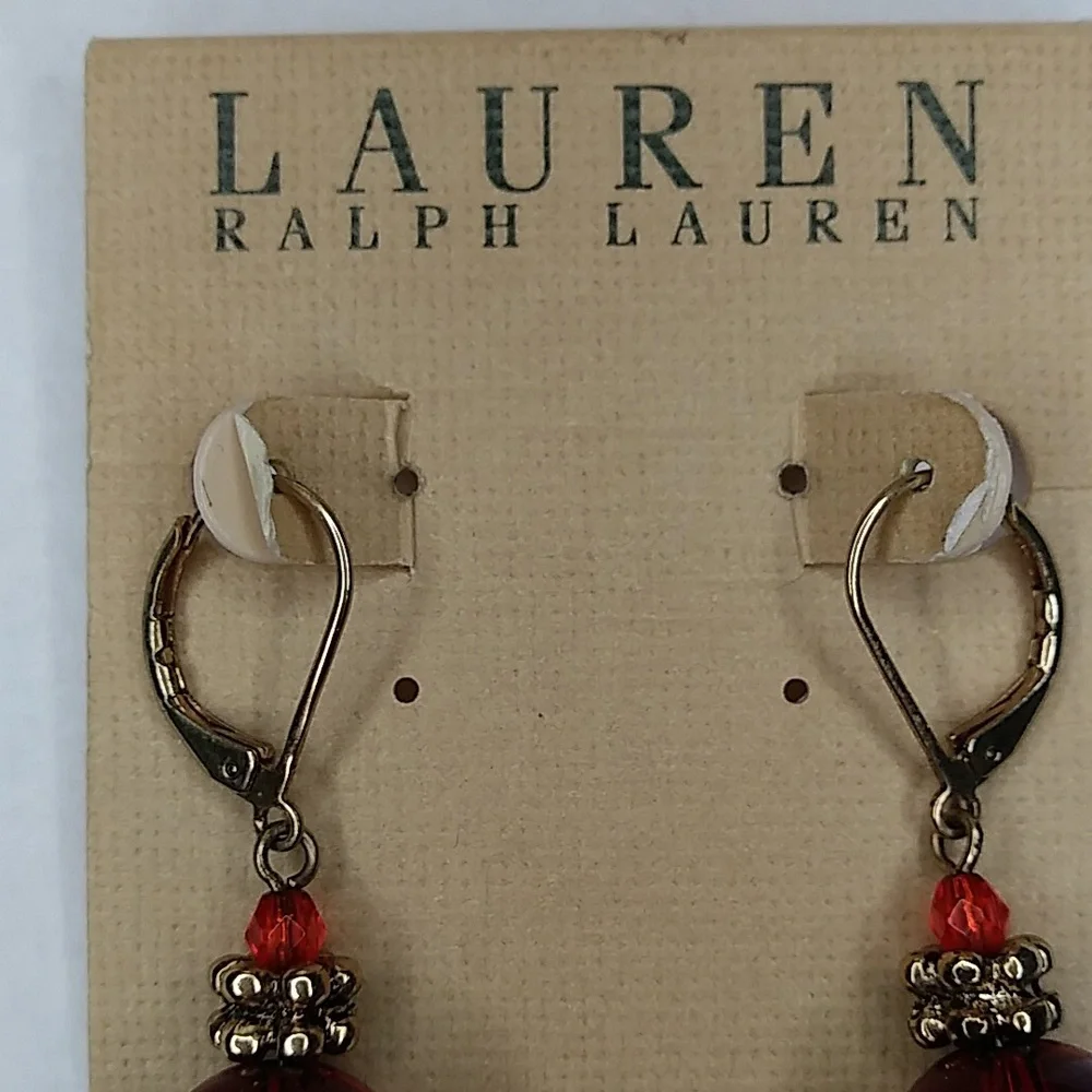 Lauren Ralph Lauren Vintage Gold Tone/Red Leverback Ball Earrings_4